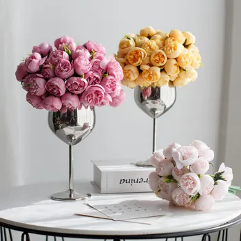 Голям чай роза букет булчински дръжка букет изкуствени цветя изкуствена коприна цвете сватба декор Флорес изкуствени на едро