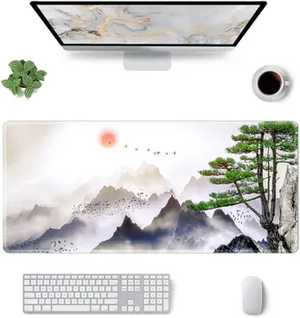 Голяма подложка за геймърска мишка с зашити ръбове Неплъзгаща се основа Водоустойчива клавиатура Pad Desk Mat 35.4x15.7inch Акварел Планини