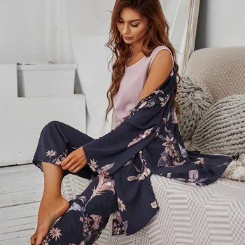 гореща продажба 3 бр. Дамски пижами комплект вискоза флорални печатни женски пижами хлабав спално облекло нощно облекло пролет летен салон износване