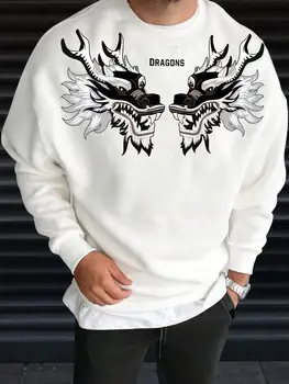 Готини карикатури Двоен дракон модел пуловери за мъж All-мач нов streetwear случайни руно облекло crewneck удобен връх
