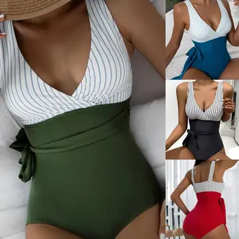 Дамски бански костюми Deep V Neck контрастни цветове Tummy Control Soft Sleeveless Patchwork Summer Monokini Едно парче за плажен бански
