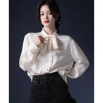 Дамски дрехи риза пролет кайсия риза вратовръзка корейски мода реколта женски дълъг ръкав шик случайни печат блуза върховете