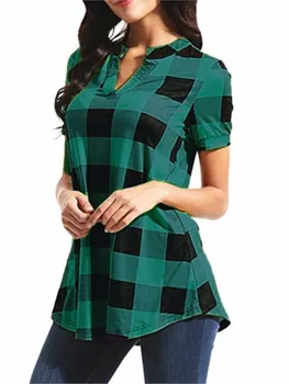 Дамски ежедневни карирани печатни ризи Топ 2023 Лятна блуза с V-образно деколте с неправилен подгъв Мода Женски къс ръкав Loose Streetwear Tops