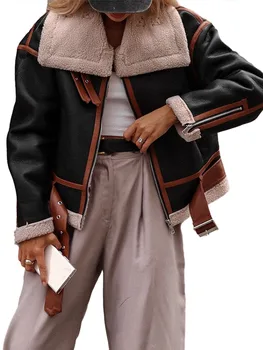 Дамски изкуствена Shearling кожено яке дебела кожа облицована ревера цип мото яке топло зимно палто Biker палто връхни дрехи