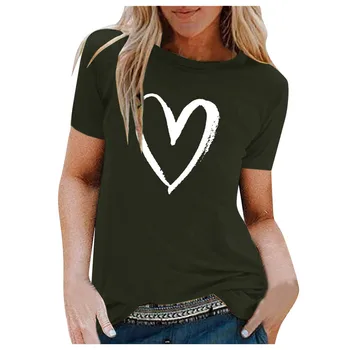Дамски летни сърце печат къс ръкав риза Vantage туника върховете блуза памук долна риза женски Свети Валентин тениски дами