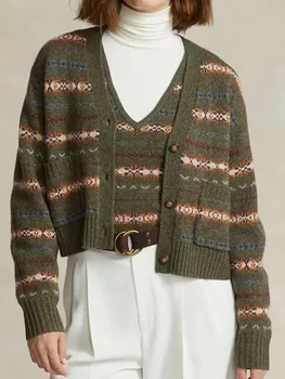 Дамски пуловер 2023 Нови вълнени смеси Жакард V-образно деколте еднореден реколта дълъг ръкав плета жилетка