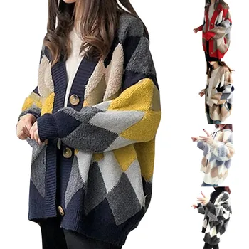 Дамски пуловери за жилетки 2023 Есен извънгабаритни отворен преден бутон V врата леки жилетки плета есенни дрехи за жени