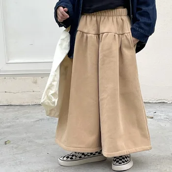 Детски дрехи момичета зимни нови японски стил хлабав широк крак панталони руно плътен цвят случайни прости кюлоти случайни
