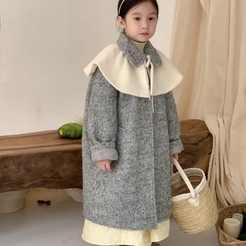 Детско палто Зимни момичета' Корейско издание Mid дължина поло яка палто тъкане случайни удебелени универсален ветровка палто