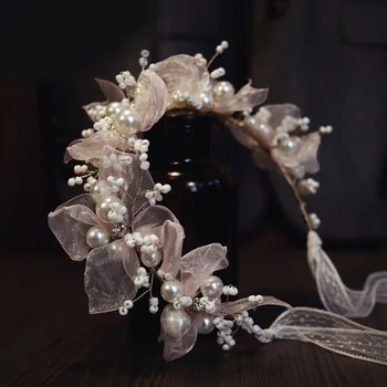 Елегантна перлена лента за глава розово цвете сладко булчинско сватбено сватбено облекло Очарователни бижута Подаръци за жени LB
