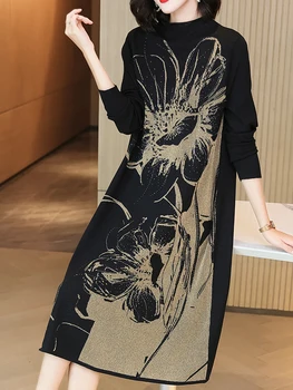 Есен Зима Флорални плетени памук хлабав вълна Midi Dree жени дебели топли случайни пуловер рокля 2023 корейски реколта парти рокля