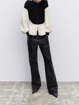 Есен ново дамско облекло мода случайни всички мач черно-бели шевове пуловер трикотажно палто с черно-бяла панделка