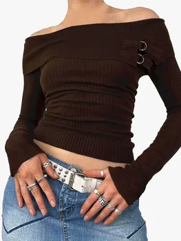 жени Y2k рамо пуловер отгоре тънък годни дълъг ръкав Crop Tee трикотажни ризи случайни оребрени блузи върховете улично облекло
