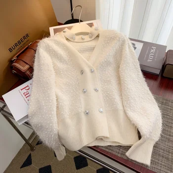 Жени бели дрехи жилетка плетене кухи навън пуловер дълъг ръкав памук кашмир модно палто женски v-образно деколте зимни върхове
