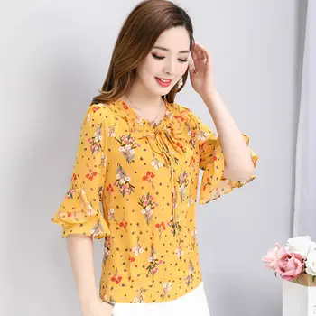 Жени пролет лято стил шифон блузи ризи дама случайни кратко пристъп ръкав цвете отпечатани O-образно деколте Blusas върховете DF2651