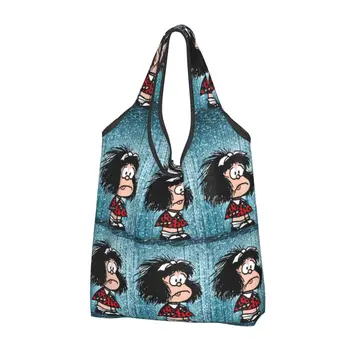 За многократна употреба Mafalda в шокова пазарска чанта за хранителни стоки Сгъваема карикатура Kawaii карирани чанти за хранителни стоки Миещи се големи пазарски чанти