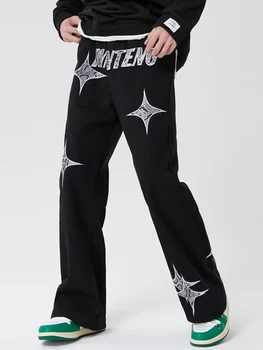 Звезда -отпечатани дънки Мъжки Y2k Американска мъжка висша улична мода Свободни прави панталони Ретро улично облекло Панталони с широки крака