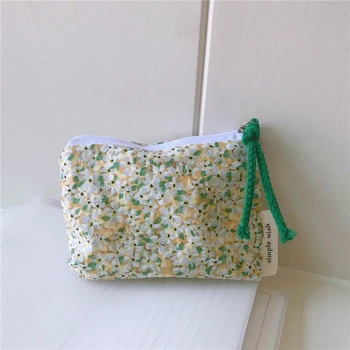 Козметична чанта за грим Малка вътрешна чанта с цип цвете Дамска и детска мини платно фрагментиран цветен портфейл