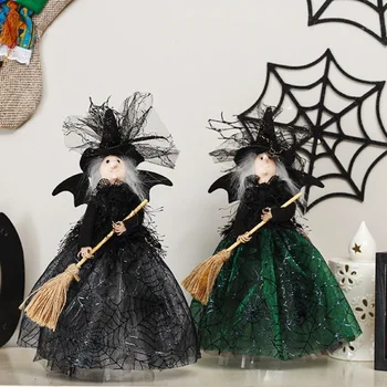Комплект от 2бр Призрачен Хелоуин вещица орнамент с дълга рокля & метла шапка празник декоративни подпори декорация за дърво