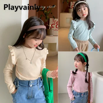 корейски стил нова есен бебе момиче тениска плътен цвят яма ивица екипажа врата agaric ръб дълъг ръкав топ детски дрехи EA2349