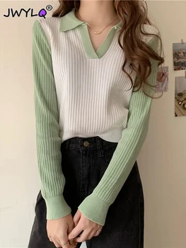 корейски хит цвят дълъг ръкав плетен пуловер случайни тънък поло яка Preppy стил пуловер пуловер жени пролет есента тънък връх