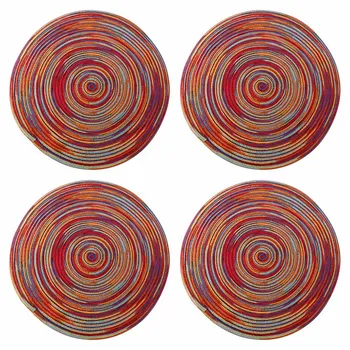Кръгли плетени подложки Комплект от 4 декоративни цветни подложки за трапезни маси Декор за празнично парти (Rainbow-Red)