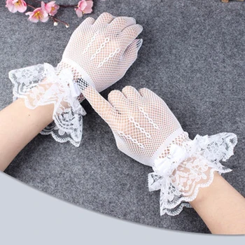 Къса дантела булката ръкавици лък отвесни рибарска мрежа бели ръкавици за жени булчински сватбена рокля пълен пръст ръкавици парти аксесоари