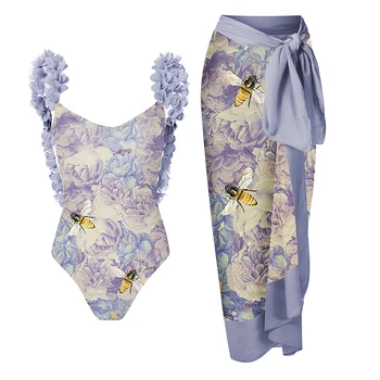 Лилаво цвете печат едно парче бански венчелистчета презрамки без гръб секси бикини елегантен висока талия изрязани плажно облекло натиснете нагоре мода