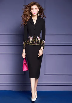 Луксозна флорална бродерия Blazer пола костюм 2 парче за жени рокля комплекти 2023 офис парти облекло черна есен плюс размер 4XL