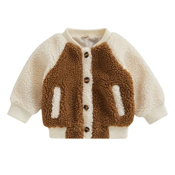 Малко дете руно зимно палто случайни контраст цвят дълъг ръкав яке бутон жилетка за бебе бебе пролет есен връхни дрехи