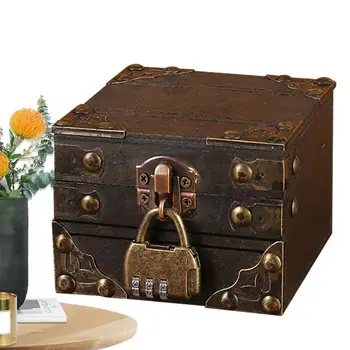 Мини дървена кутия за бижута Ретро кутия за съкровища със заключване Малка кутия за спомен за бижута за настолен органайзер Детски подарък Домашен декор