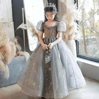 Момичета дълго принцеса топка рокля деца елегантен луксозен пайети дизайн парти сватбени рокли y879