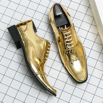 Мъж Златен луксозен бизнес Оксфорд обувки мъже височина увеличение лачена кожа официални обувки плюс размер мъж офис сватба високи токчета