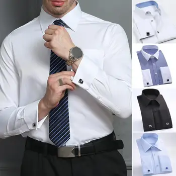 Мъже хлабав годни риза официален бизнес стил мъжка риза с обръщане надолу яка еднореден дълъг ръкав френски стил за офис