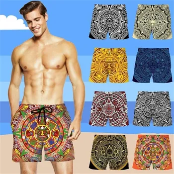 Мъжка мода 3d печат Ацтекски календар Слънчев камък Хип-хоп плажни шорти Летни мъже Плувни шорти Случайни личности Готини къси панталони