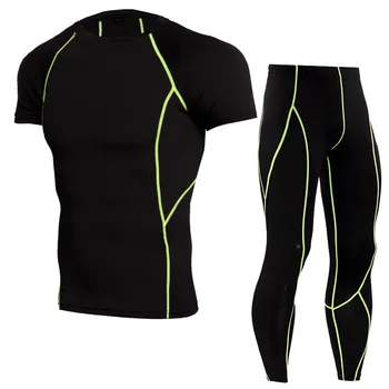 Мъжки компресионна риза панталони комплект тренировка фитнес спортно облекло културизъм стегнат къс ръкав ризи клинове спортен костюм комплект 2