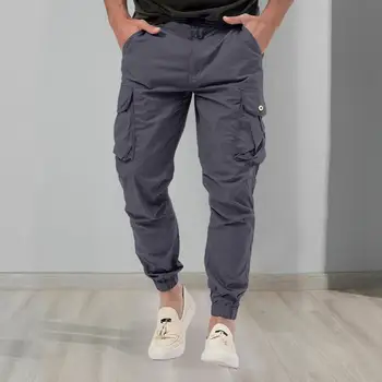 Мъжки панталони мъжки панталони със средна талия товарни панталони с мулти джобове бутон цип затваряне глезена лента дизайн за открит за комфорт