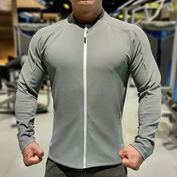 Мъжки фитнес якета за бягане Zipper Up Long Sleeve Coats Stand Collar Slim Sportwear Male Gym Training Sports Coat Sweatshirts