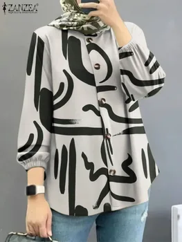 Мюсюлмански дамски върхове есенна блуза мода печатна риза ZANZEA ислямско облекло ежедневни дълъг ръкав Blusas Турция Abaya Kaftan