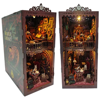 Нов DIY дървена книга Nook рафт вмъкване комплекти миниатюрни магия време свят bookends със светлини етажерка за книги Dollhouse за приятели подаръци