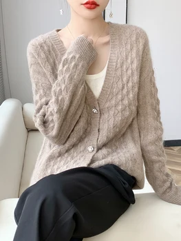 Нова бродерия 100% мериносова вълна O-образно деколте случайни жилетка за жени чисти цветове дълги ръкави кашмир пуловер женски