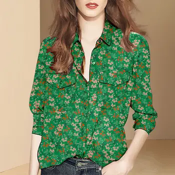 Нова есен жени завой надолу яка девет четвърти ръкав блуза джобове дизайн цветен печат еднореден ежедневни ризи W695