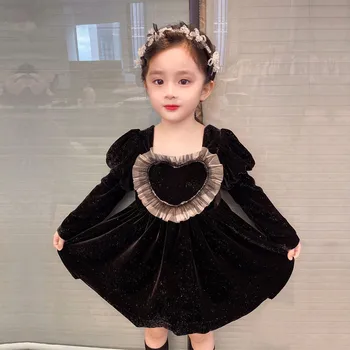 Нова мода 2023 пролет малко момиче рокля бутер ръкав черен плеуш принцеса рокля детски дрехи рожден ден рокля
