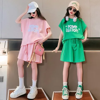 Нова мода момичета екипировки случайни малко дете момиче дрехи къс ръкав 2PCS комплект лято писмо бутик детски дрехи комплекти 4-13 години