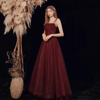 Нова официална рокля Лъскава вечерна рокля Сватбен годеж дълга рокля Vestidos de noche juveniles robe longue rouge