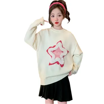 Нови момичета плетен пуловер със звезда есен зима детски пуловер дрехи върховете деца мек костюм за тийнейджъри момиче от 5 до 14 години