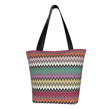 Персонализирана цветна Зиг Заг Шеврон пазарска платнена чанти Жени за многократна употреба хранителни стоки Бохемски геометрични чанти за пазаруване