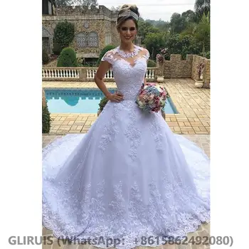 Принцеса топка рокля сватбени рокли капачка ръкави лъжичка врата дантела апликации булчински рокли роба де брак