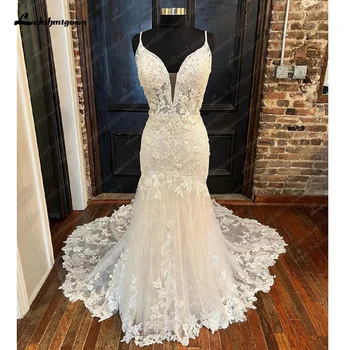 Разкошни русалка сватбени рокли 2023 Спагети презрамки дантела бродерия без гръб съд влак булчински рокля vestidos de noiva