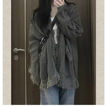 Реколта пуловер Harajuku мода дамски джъмпер извънгабаритни жилетки корейски улично облекло нови плетени сиви пуловери есен шик